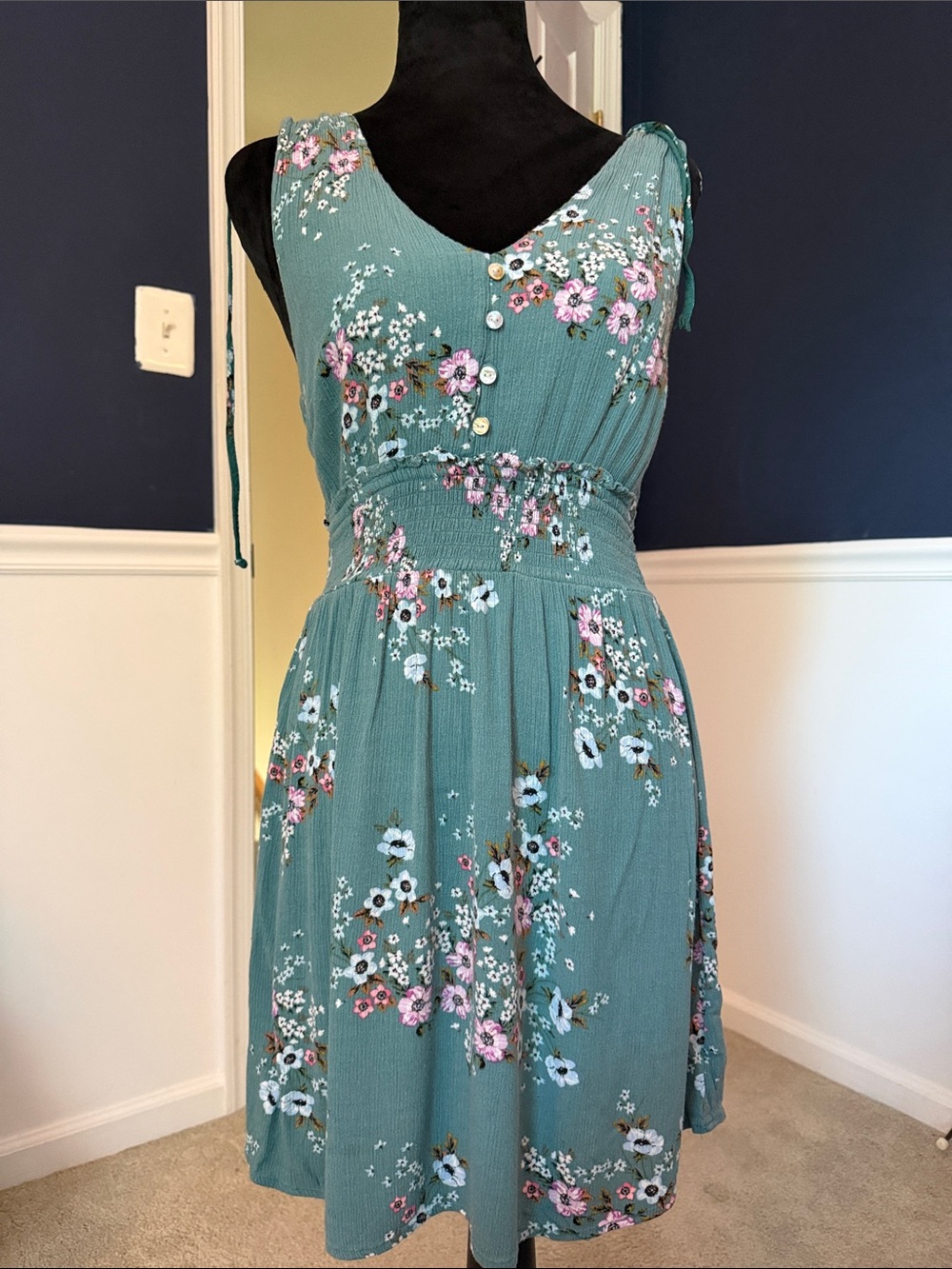 Aeropostale Teal Floral Smocked Waist Sleeveless Mini Dress